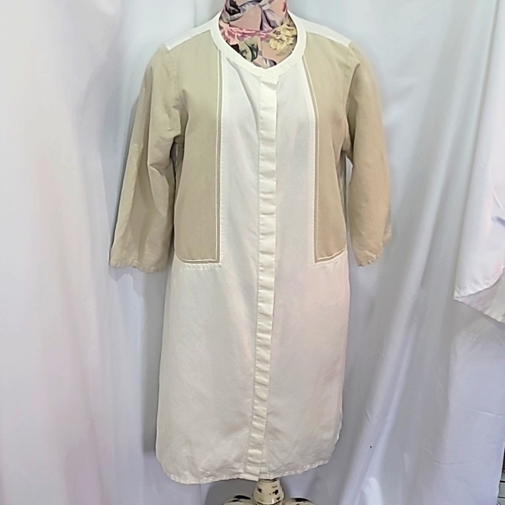 AND Viscose Flax Colorblock Neutral Button Up Dress Overcoat Layering Piece
